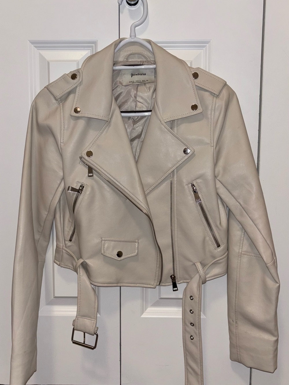 Stradivarius Cream Faux Leather Moto Jacket with Belt